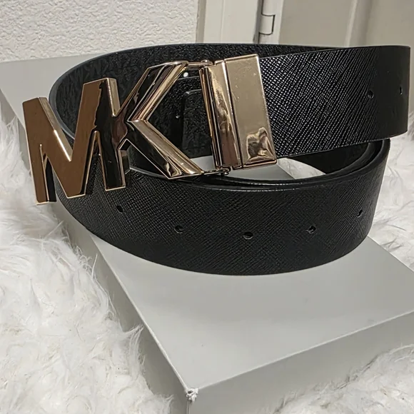 Michael Kors Black Leather Belt with Gold MK Buckle - Picture 2 of 5